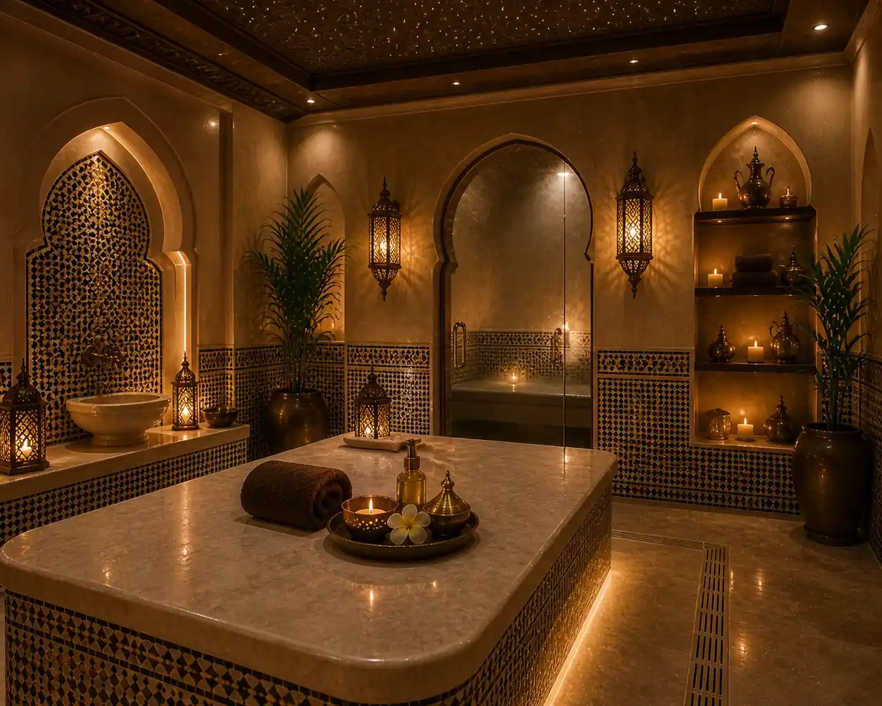 Heated stone table in the private hammam room