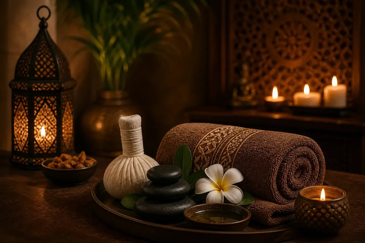 Herbal compresses, towels and oils prepared for a Thai massage
