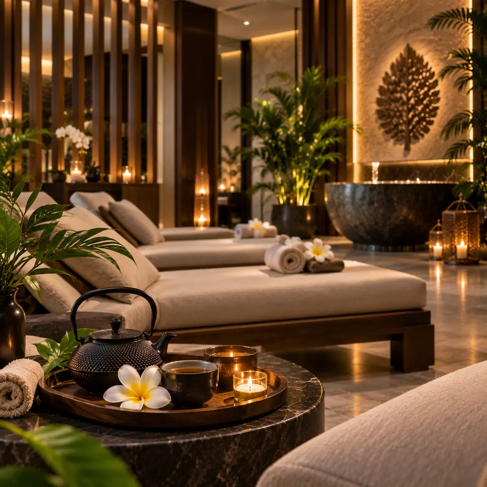Tea and towels in the spa lounge during daytime hours